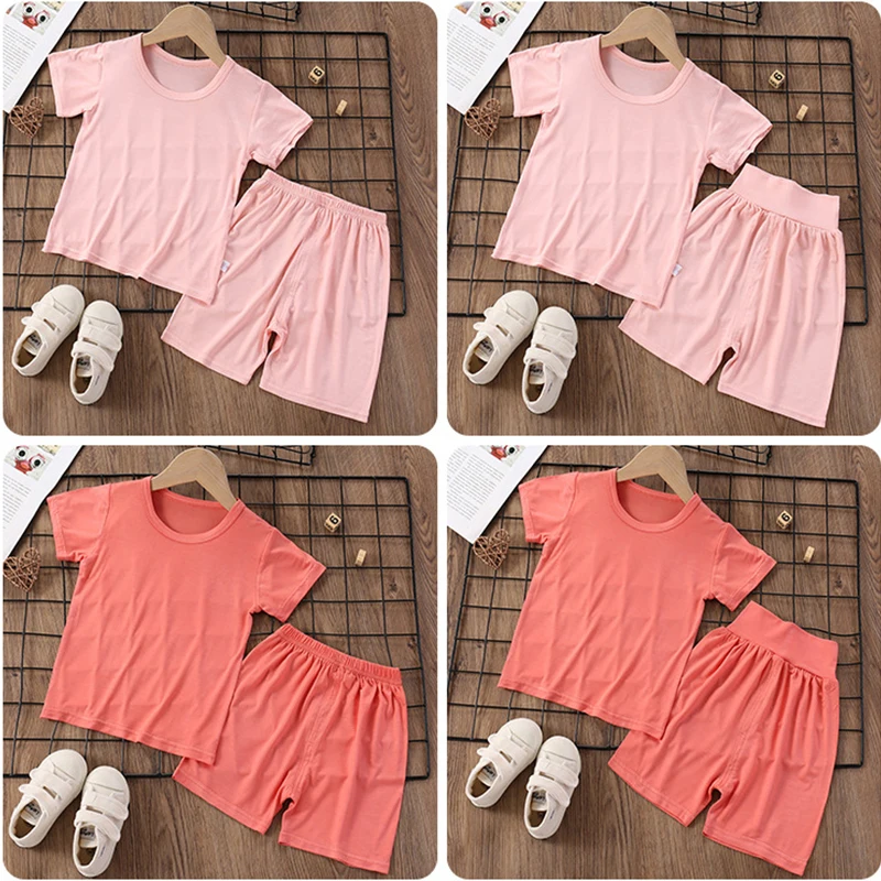 

Летняя Пижама с коротким рукавом для девочек, однотонная детская одежда, костюм, одежда для сна, пижамы, Детская одежда для сна для маленьких...