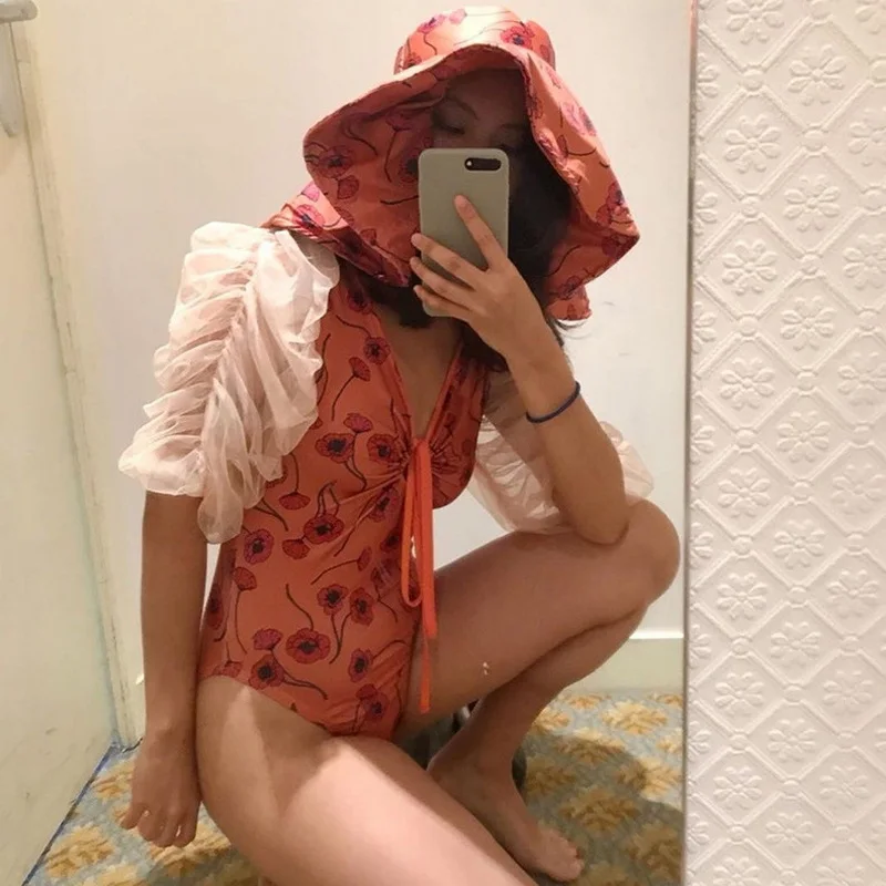 

Diseyar Mesh Puff Sleeve Elegant Bodysuits Tops Women Long sleeve Printed Bodycon Sexy Jumpsuit Vintage Club Body Femme
