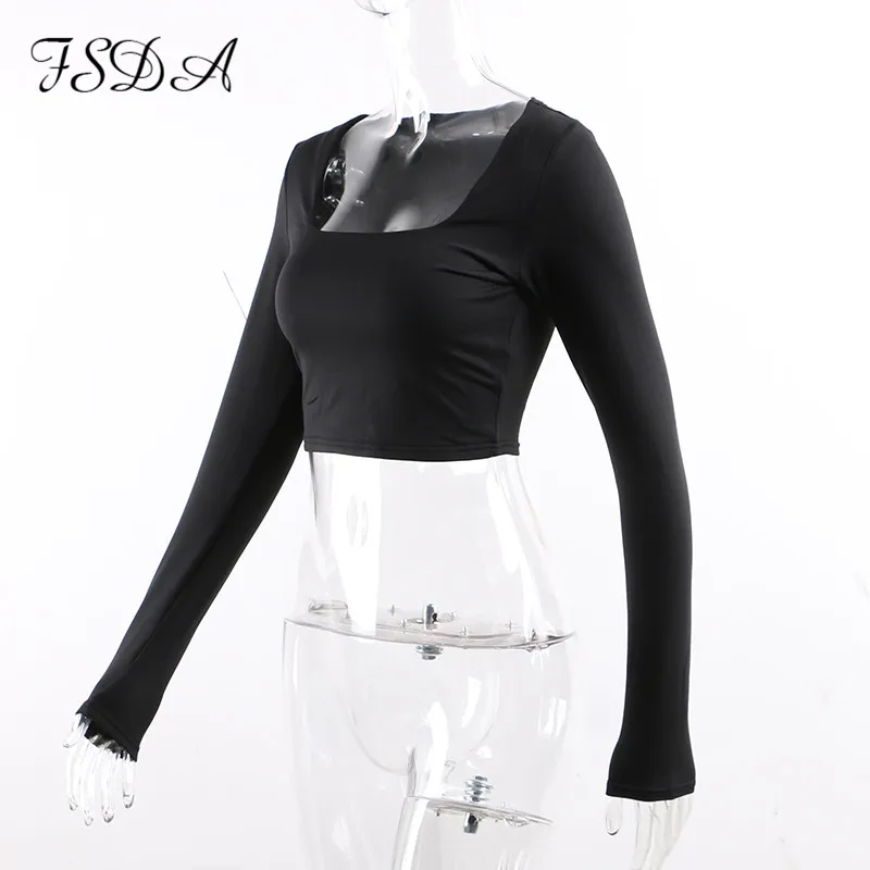 

FSDA Summer Spring Crop Top Long Sleeve Women Black Sexy Shirt White Square Neck Casual Tee Top Mujer Ladies