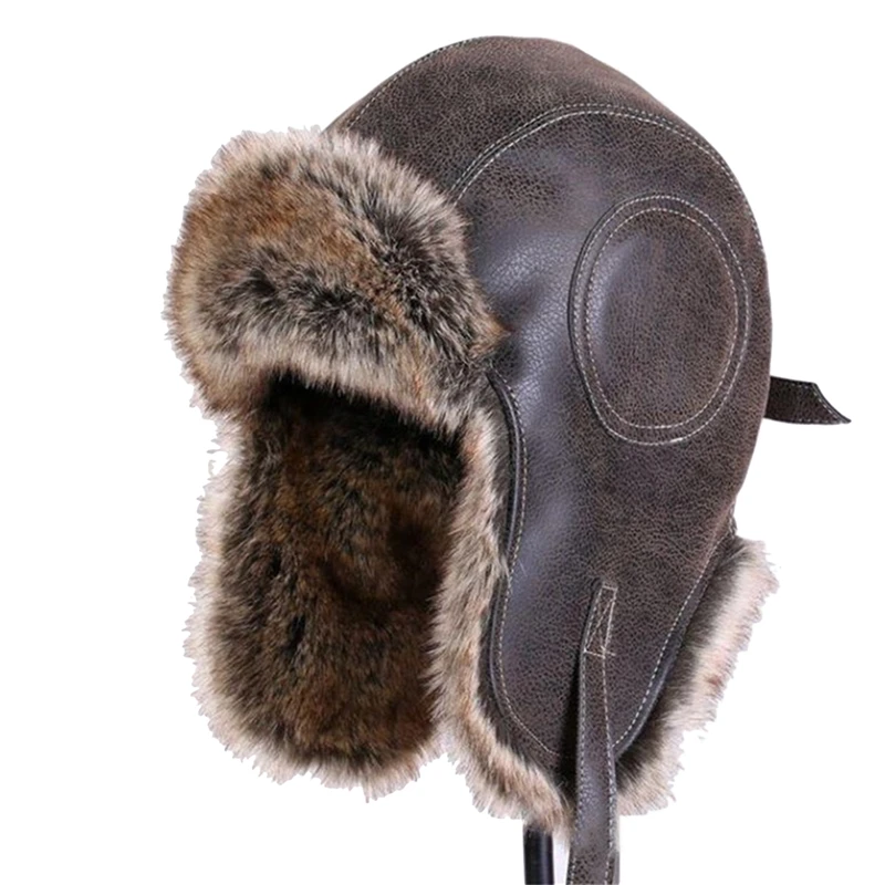 

Hot Sale Winter HatBomber Hats Winter Men Warm Russian Ushanka Hat With Ear Flap Pu Leather Fur Trapper Cap Earflap