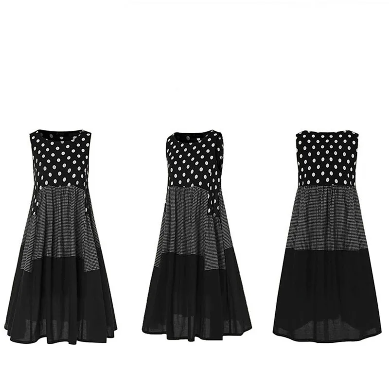

Summer Dress Women Vintage Cotton Round Neck Sleeveless Patch Work Long Polka-Dot Casual High Waist Plus Size