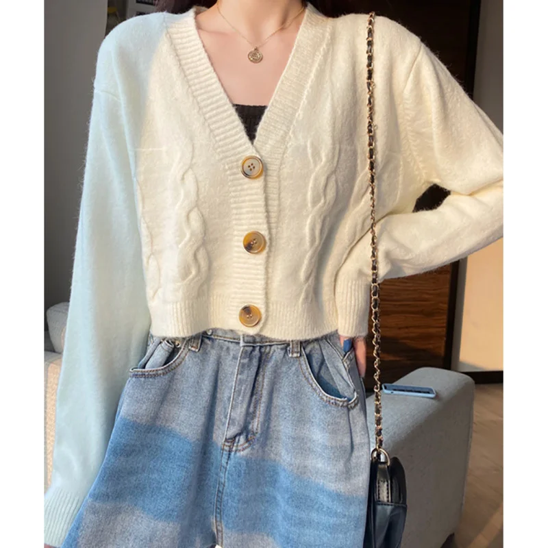 

Женский короткий кардиган с V-образным вырезом и длинным рукавом