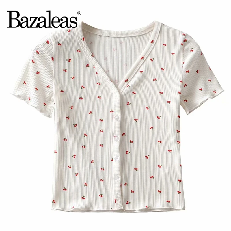 Bazaleas милая Футболка с принтом ананаса тонкая центральной пуговицей женский