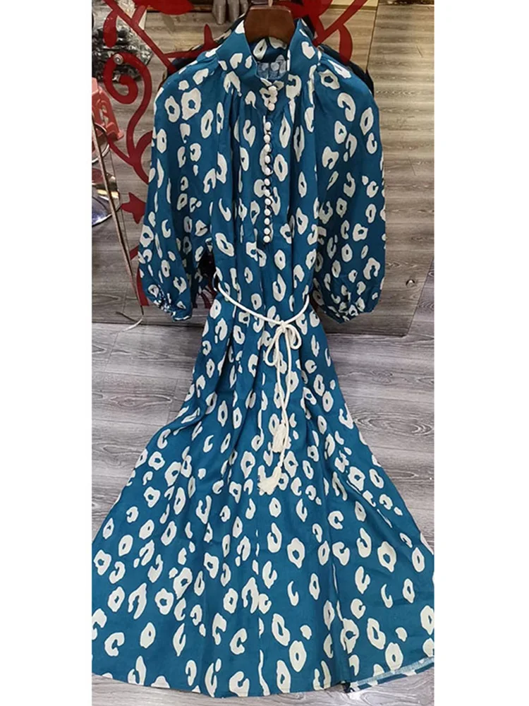 

Australian niche new style print single row button decoration lace waist cotton and linen dress women's summer new style loose