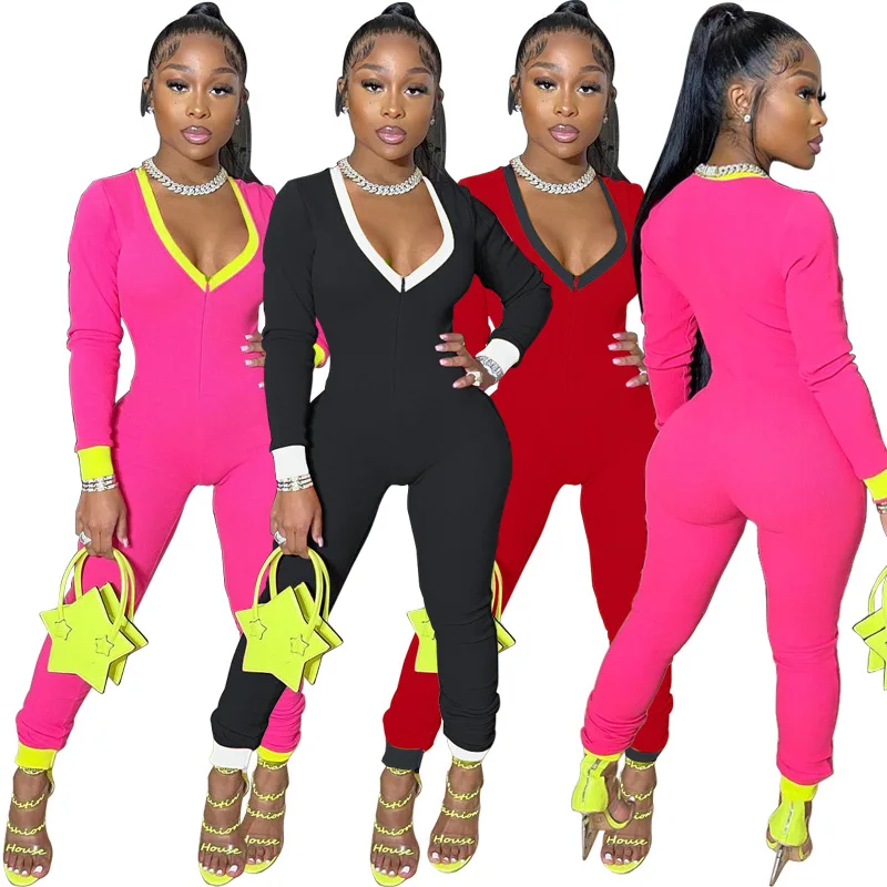 

Jumpsuit Bodycon V-Neck Sport Suit Zipper Sexy Patchwork Thermal Slim Body Long Sleeve Color Rompers Tracksuit Women
