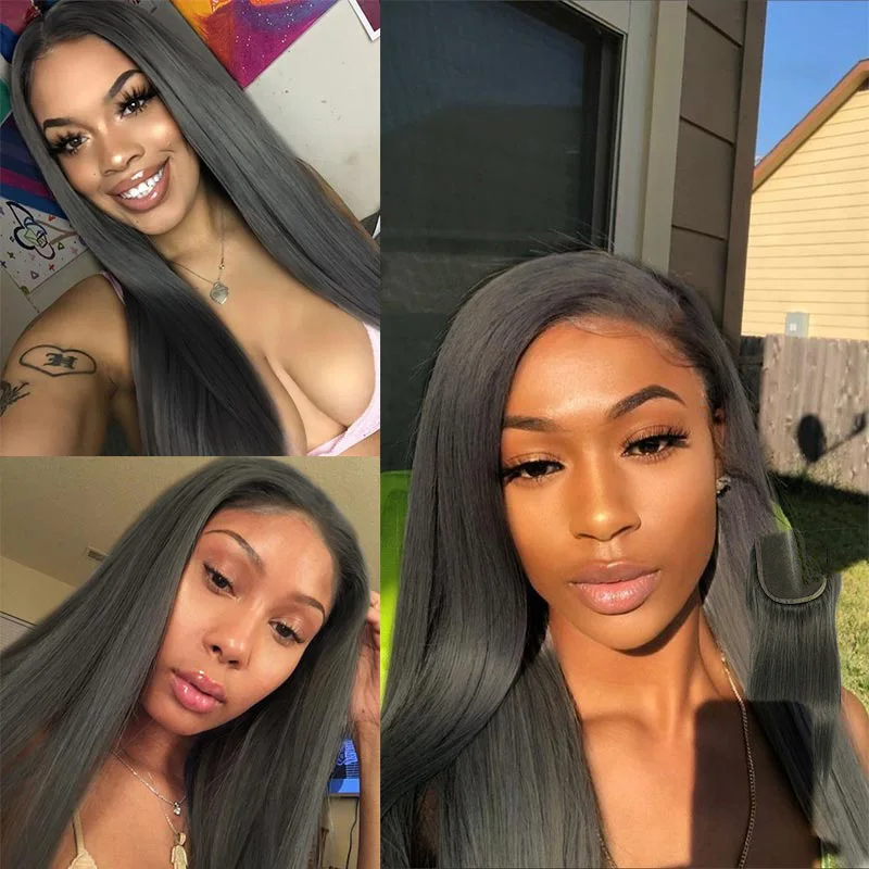 

Shining Star 3 Grey Human Hair Bundles With Closure Pre-Colored Linen Gray Malaysian Straight Hair Bundles With Closure Non-Remy