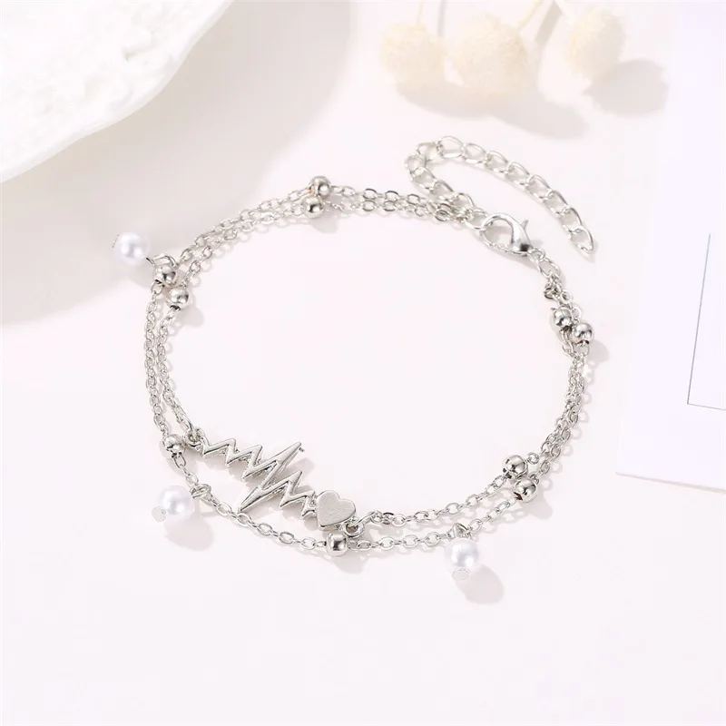 Новый Boho двойной Слои жемчужный браслет из двух частей ЭКГ личности серебряные