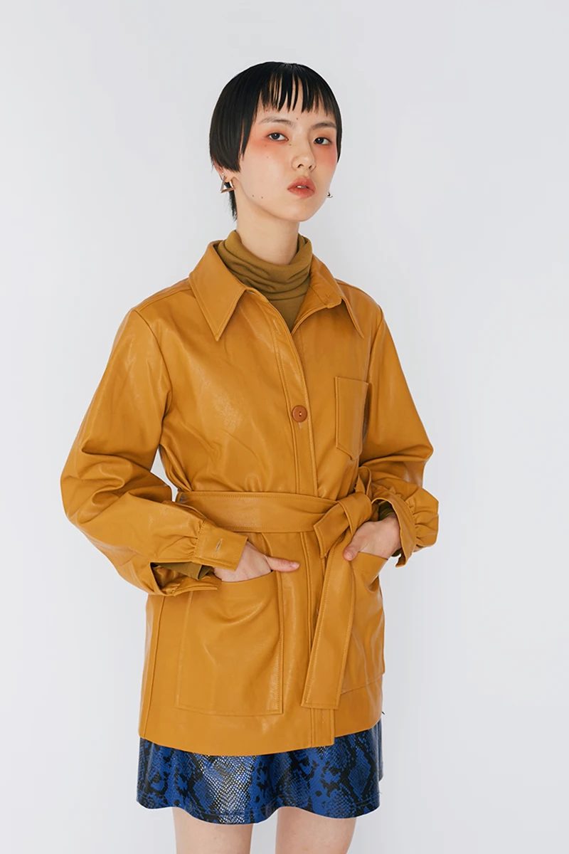 Beli Faux Wanita Fashion Jaket Kulit Sabuk Pinggang Kantong PU Kulit Mantel Wanita Jaket Streetwear