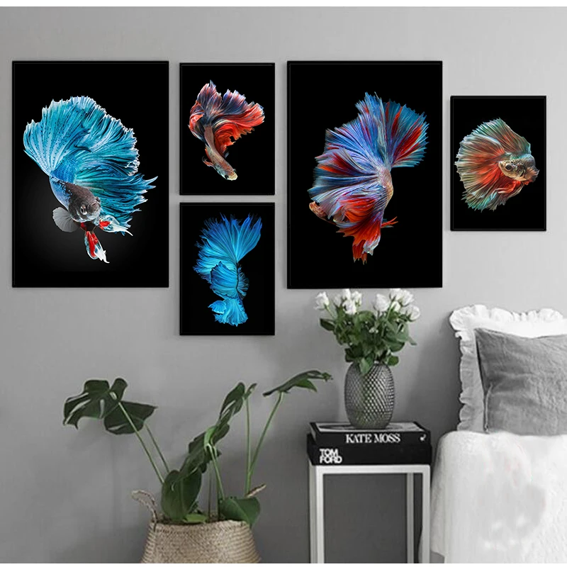 Плакаты и принты синяя красная рыба Новинка животные на холсте художественные