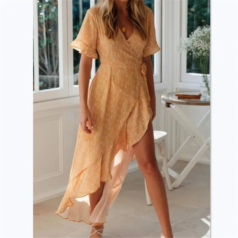 

Summer Casual Print Ruffles Women Dress 2020 Elegant Flare Sleeves V-neck Irregular Slim Dress