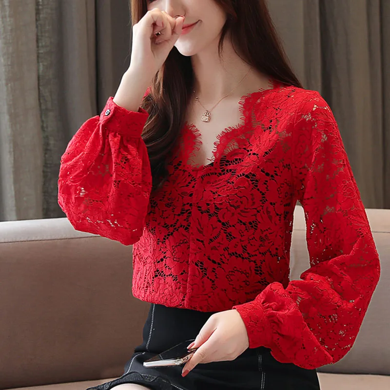 Осенняя блузка для женщин 2019 женские топы с длинным рукавом кружевная однотонная