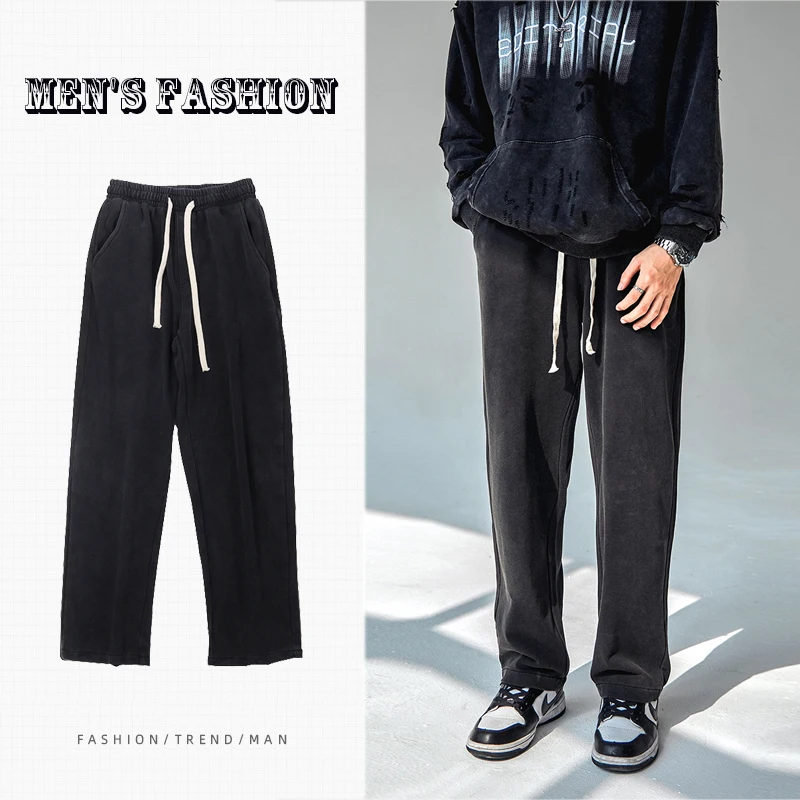 

High Street Casual Pants Men's Pure Cotton Pure Color Sweatpants Loose Straight and Velvet Sweatpants Fall/Winter мужская одежда