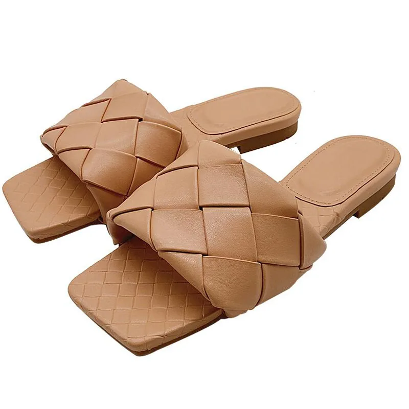 Винтажные тканевые сандалии на плоской подошве с квадратным носком женские