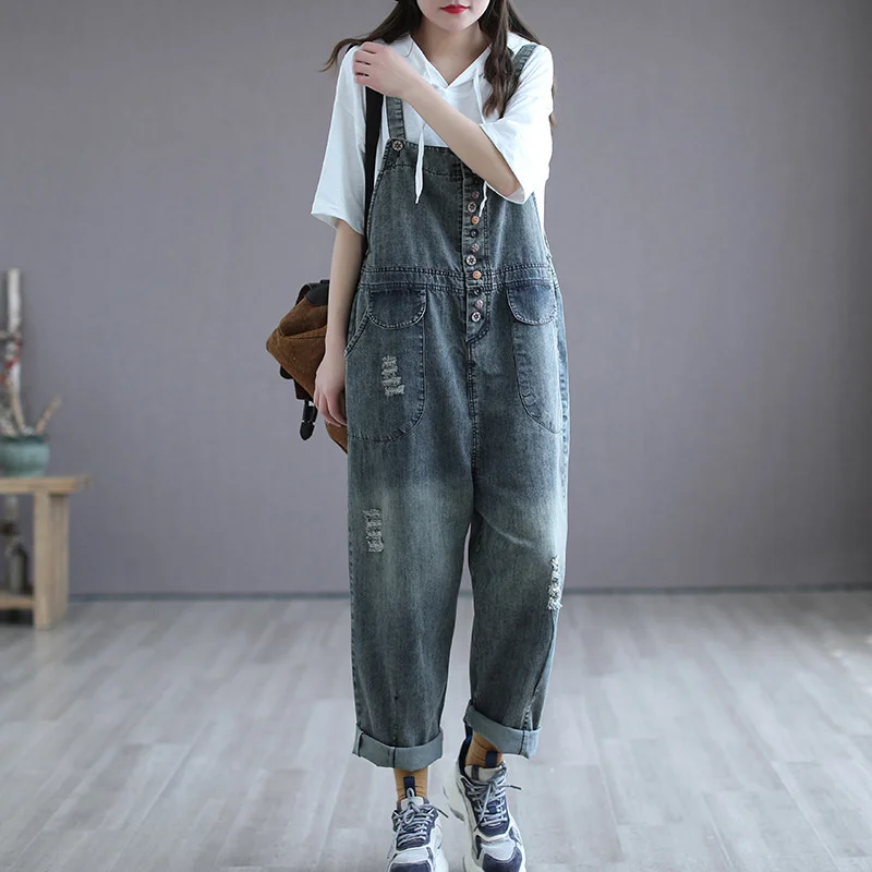 

Female Loose Outfit Women Rompers Jumpsuit Summer Thin Jeans Women's Denim Pants Retro Vintage Button Playsuit Yalabovso