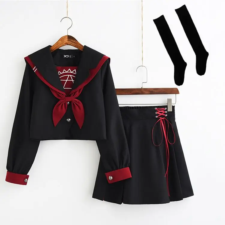 Черный jk костюм моряка COS школьная одежда женская школьная форма Мягкая Панк Лолита Волшебная передняя часть Хэллоуин модные костюмы - Цвет: long sets and socks
