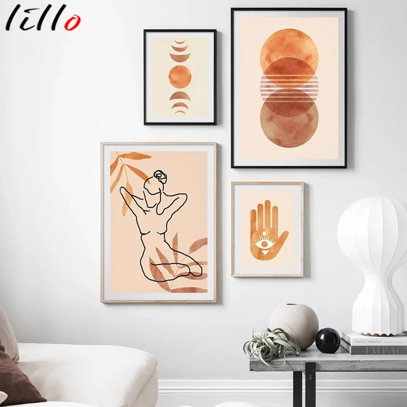 Абстрактная девушка линия растения Ручной акварель настенная Картина на холсте