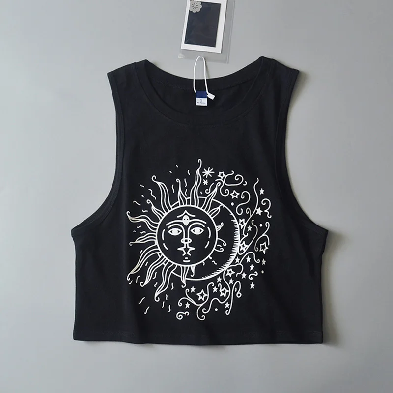 Sun black Новые женские майки свободные готические символы Луна солнце печать укороченный топ без рукавов топики майка - Цвет: Sun black