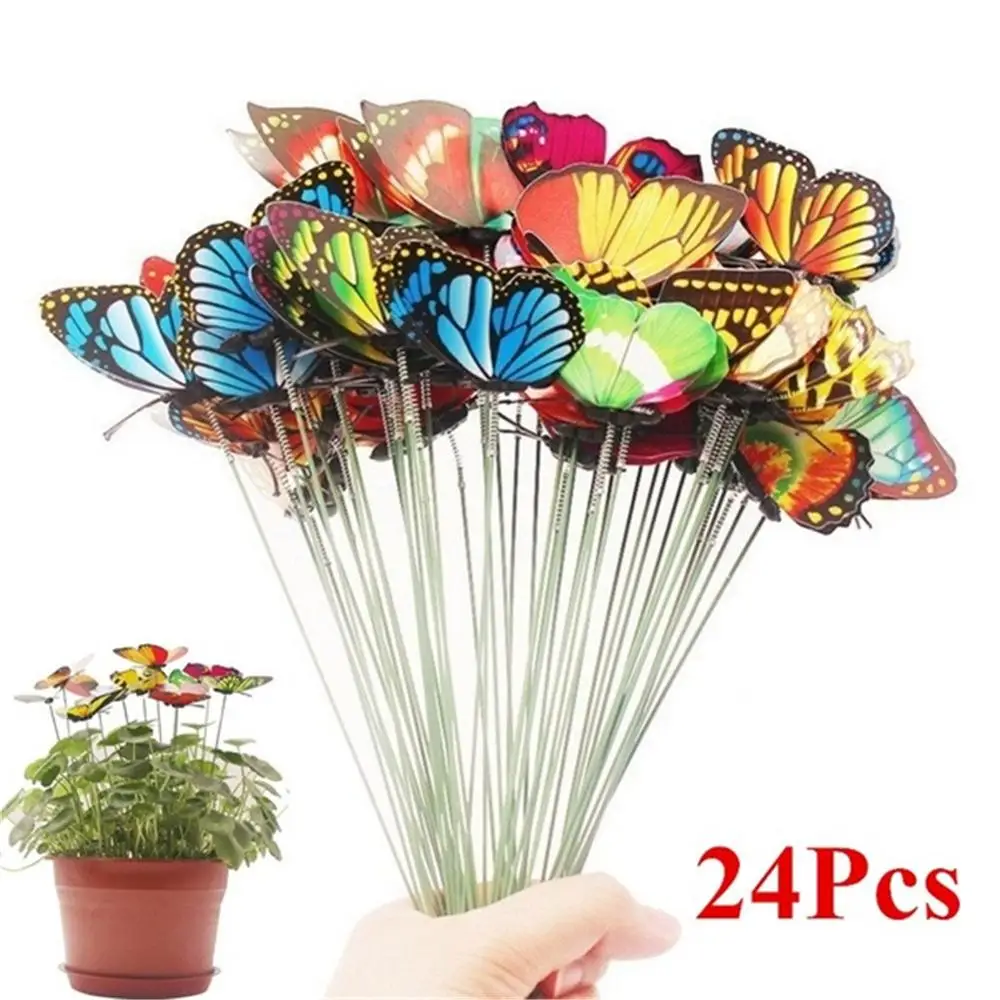

24 Pcs/lot Colorful Whimsical Butterfly Stakes Garden Simulation Butterflies Decoration 7cm Butterfly Stakes Flower Pots Decor