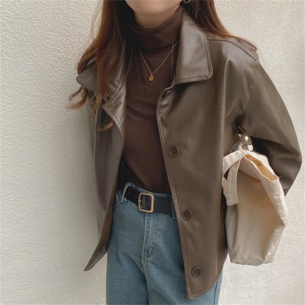 

대한민국 2021 New Jacket Casual Faux PU Loose Retro All Match Lapel OL Stylish Chic Locomotive Coat Autumn Full Sleeve Tops