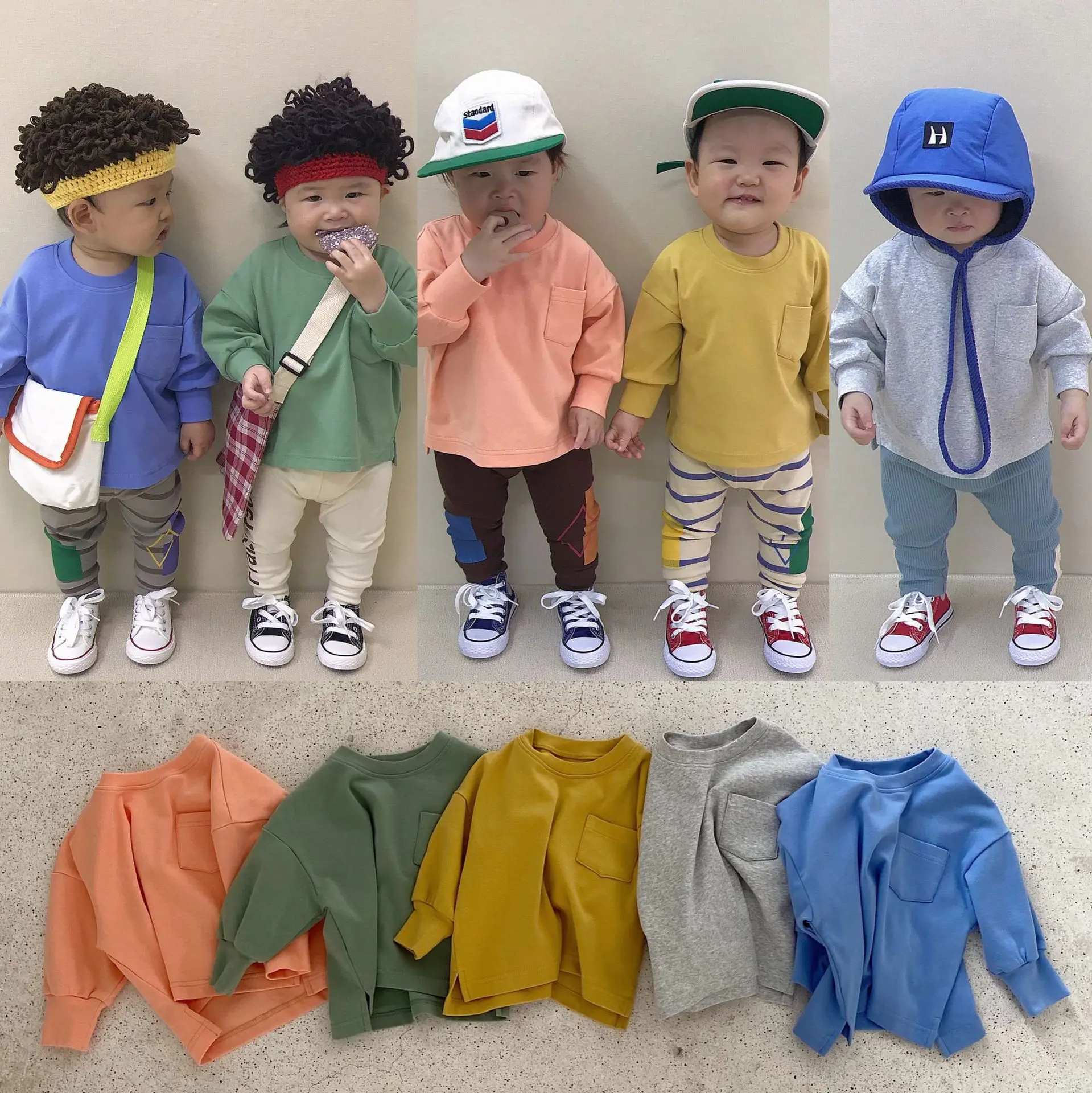 

2021 New Baby Long Sleeve Sweatshirt Solid Kids Bottoming Tops Fashion Baby Boy Pocket Sweatshirt Infant Girl Shirts