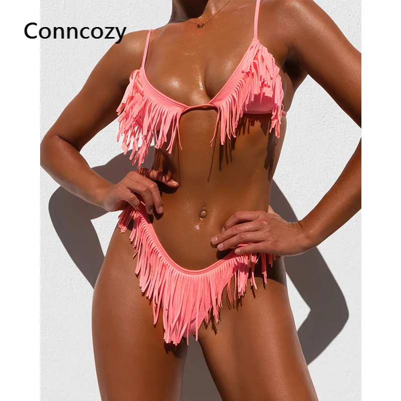

Розовый купальный костюм, женская сексуальная разноцветная купальная одежда с бахромой, комплект бикини пуш-ап, бразильский пляжный купаль...
