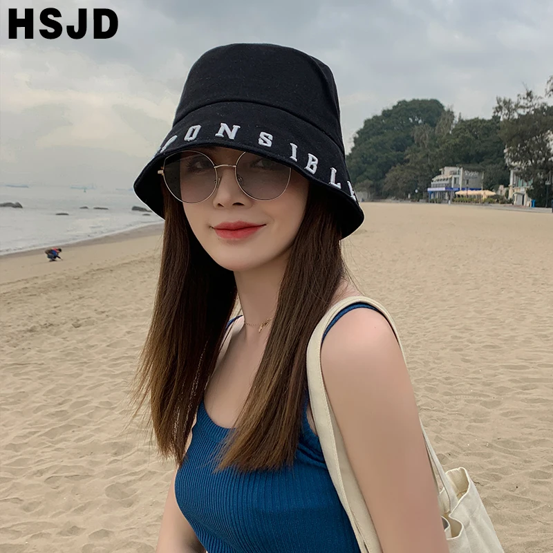 New Korean Fashion Letter Embroidered Flat Top Buckets Hat Summer Women Panama Fisherman Hat Wide Brim Foldable Outdoor Sun Caps