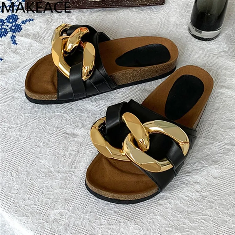 

New Gold Chain Slippers Women Peep Toe Thick Sole Shoes Designer Shoes Flats Mules Women Runway Shoes Leather Slides Women 2021