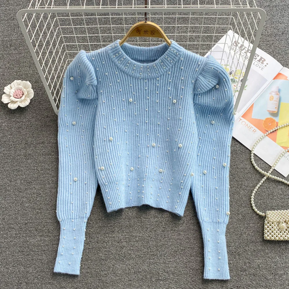 

Beads Folds Retro Puff Sleeve Cropped Pullover Sweater Female Fashionable All-Matching Knit Top Ladies Knitwear