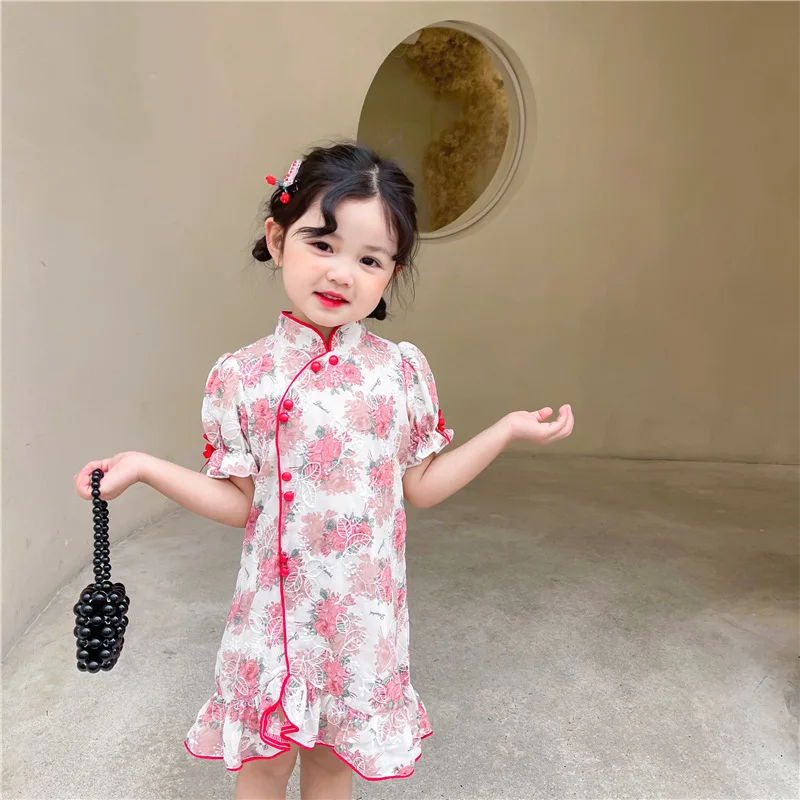 

2021 2-12Y Pink Floral Print Lace Cheongsam For Girls Puff Sleeve Dresses Chinese Hanfu Stand Collar Vintage Princess Summer
