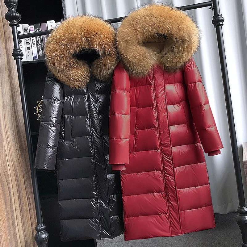 

Large Natural Raccoon Fur Collar Hooded Winter Down Jacket Women 90% White Duck Down Thick Warm Park Female Long Snow Coat