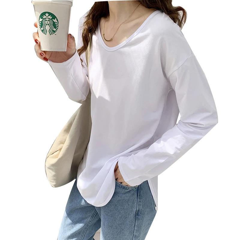 Женская футболка с длинным рукавом и V-образным вырезом весна-осень свободная
