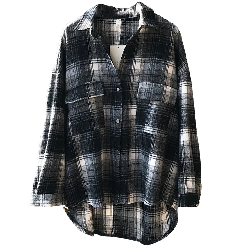 

LA.TENDRE Korean Plaid Shirt Women Autumn Coat Shirts Long Sleeve Plaid Collar Blouse Coat 2020