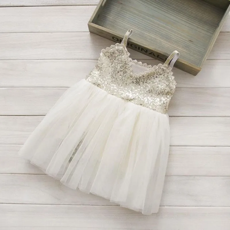 Cute Girls Silver Sequin Tutu Dress Kids V-neck Beige Glitter Bling Straps Chiffon Children Wedding Party Dresses 1-7Y | Детская одежда