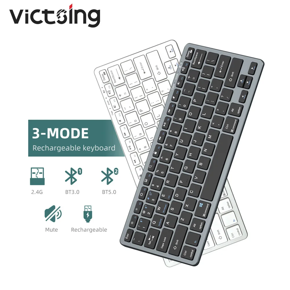 

VT 3-Mode Wireless Rechargeable Keyboard 2.4G+BT3.0+BT5.0 Modes Ergonomic Keyboard for Desktop Laptop Surface Tablet Smartphone