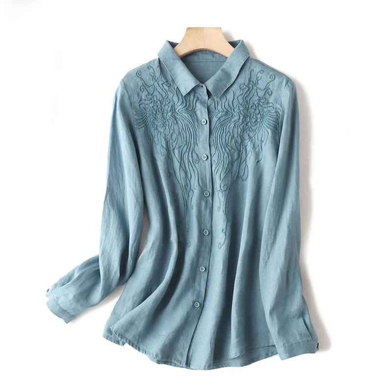 100% Cotton Linen Shirt Plus size Women Clothing Embroidered Blouse Button up Long sleeve Top Female White Office Ladies Casual