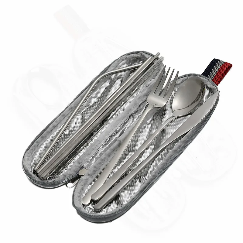 

Set Knives Spoon Stainless Steel Set Straw Camping Travel Forks Chopsticks Cutlery Silverware Dinnerware Set Cutlery Bag