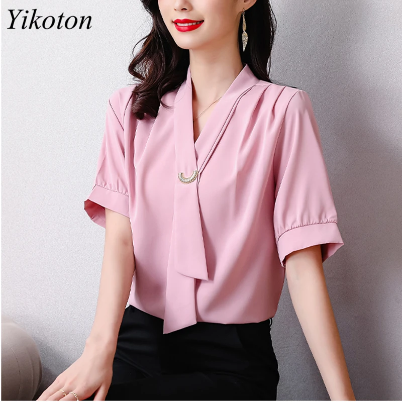 

Chic Woman Blouse New Chiffon Satin White Shirt Women Tunique Femme Blouses and Shirts Bow Tie Cross Female Tops Blusas mujer