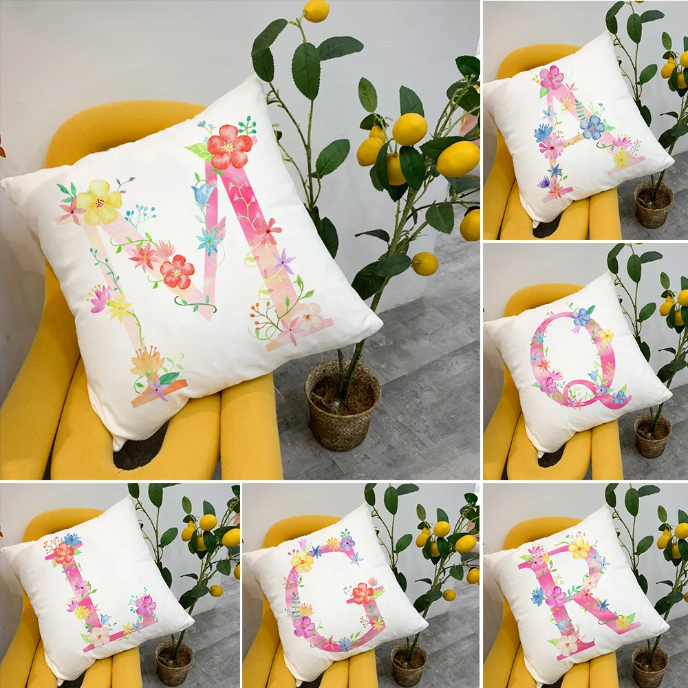

Pink Alphabet Flower Printed Cushion Cover Pillowcase English Letter A-Z Home Decorative Sofa Bed Backrest Pillow Cover 45*45cm