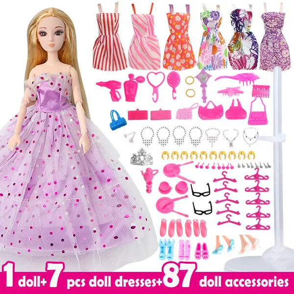 Style 07 1 кукла+ 7 шт. кукольные Платья+ 87 кукольные аксессуары модные наряды куклы-игрушки для девочек набор принцесса игрушка аксессуары DIY подарок для девочки - Цвет: Style 07