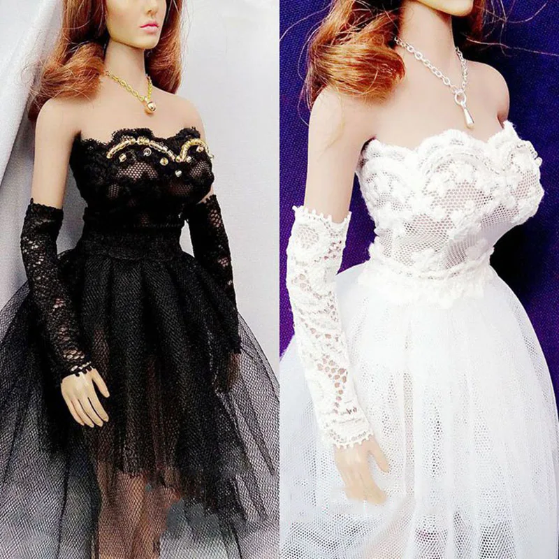 

1/6 Scale Women Soldier Wedding Dress Sexy Tube Top Sleeveless White Black Long Dress For 12'' Body Action Figure Model Toy