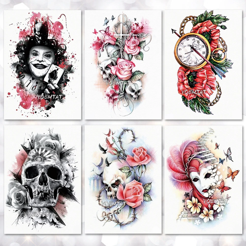 

Waterproof Temporary Tattoo Sticker Flower skull joker clown pattern tattoo Water Transfer body art fake tattoo for women men