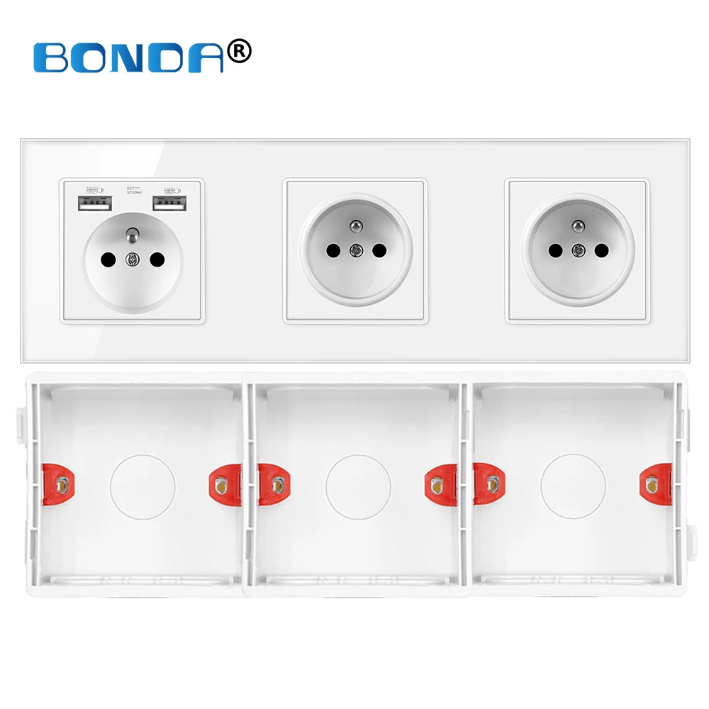

BONDA Power Socket with Usb French Standard White Black Gloden Crystal Glass Panel 110-250V Electrical Outlet Plug 258 * 86mm
