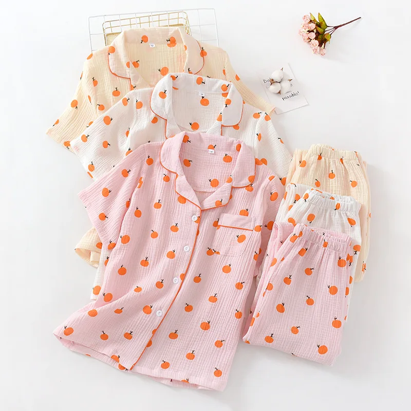 

2020 Summer Comfort Cotton Women Lingerie Sleepshirts Cute Orange Print Sleepwear Pajamas Short Sleeve Sleepwear Pajamas Set