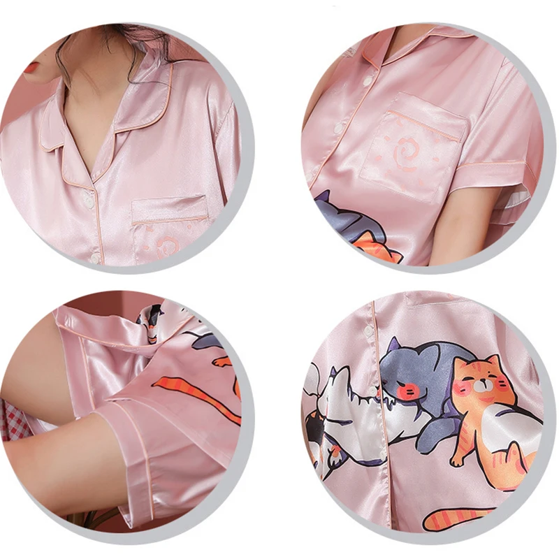 CAIYIER Summer Cute Cat Print Nightwear Silk Turn-down Collar Short Sleeve Sleepwear Plus Size Soft Sexy Pajamas Set For Women