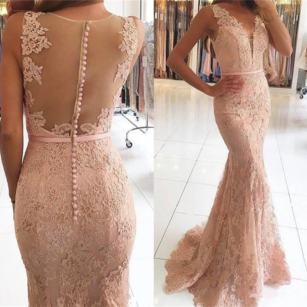 

Evening Dress V-Neck Sleeveless Floor-Length NONE Train Lace Formal Dresses Applique Prom Party Gown Illusion Custom Button