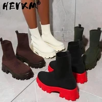 autumn new socks shoes woman stretch fabric mid calf casual platform boots net red knitted short boots women plus size booties