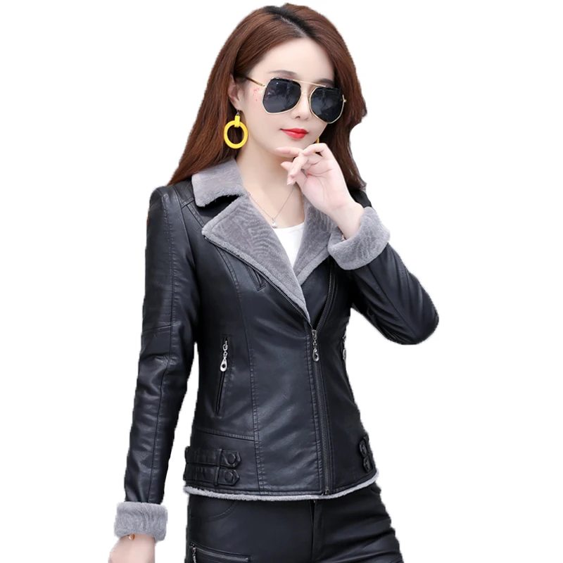 2020 Autumn Winter New Leather Jacket Women Femme Plus Cashmere Slim Short Warm Black Leather Jacket Women Coat PU Top D3269