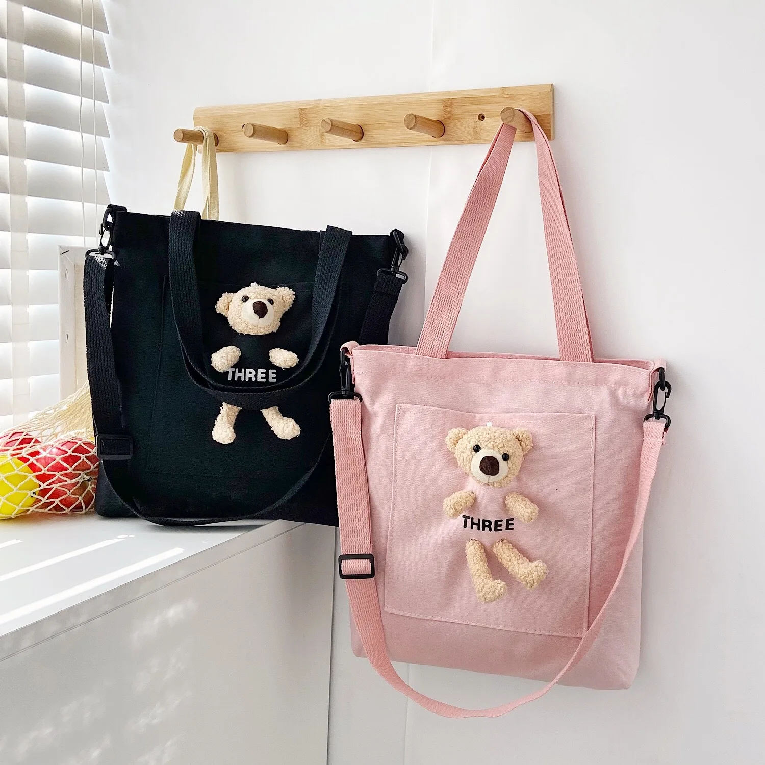 

New bear canvas bag shoulder handbag student leisure shopping bag
