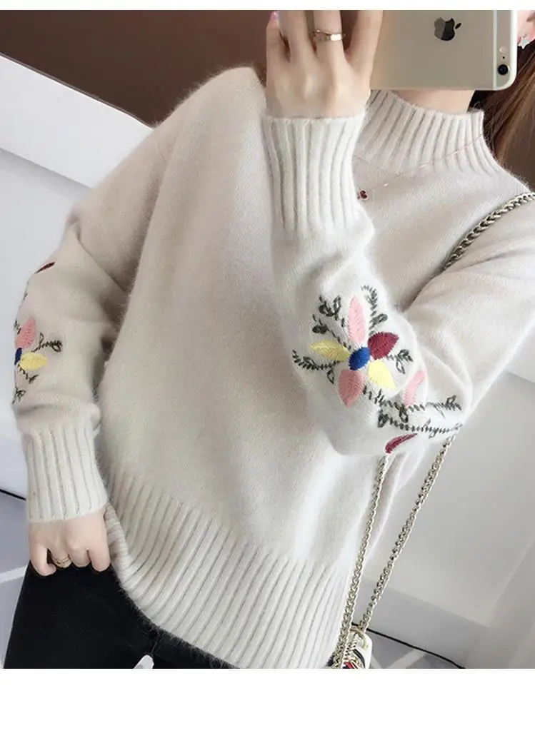 

Fashion Thick Half-high Collar Long Sleeve Women Sweater 2019 Winter Warm Embroidery Loose Solid Colors Knit Pullover 6 Color