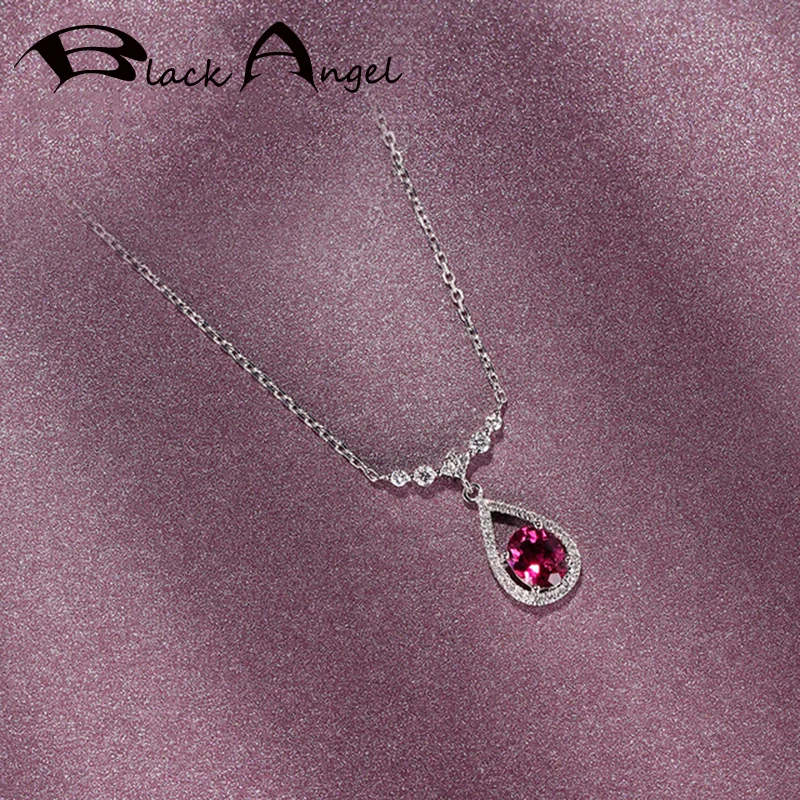 

BLACK ANGEL High Quality 925 Silver Elegant Water Drop Created Red Tourmaline CZ Gemstone Pendant Necklace for Women Jewelry